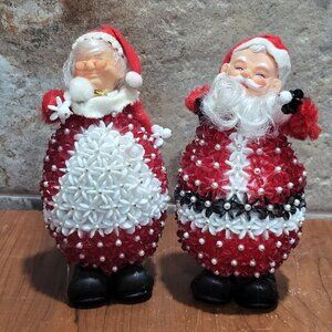 Vintage Folk Art Hand Beaded Dancing Mrs Claus & Santa Claus Christmas Decor
